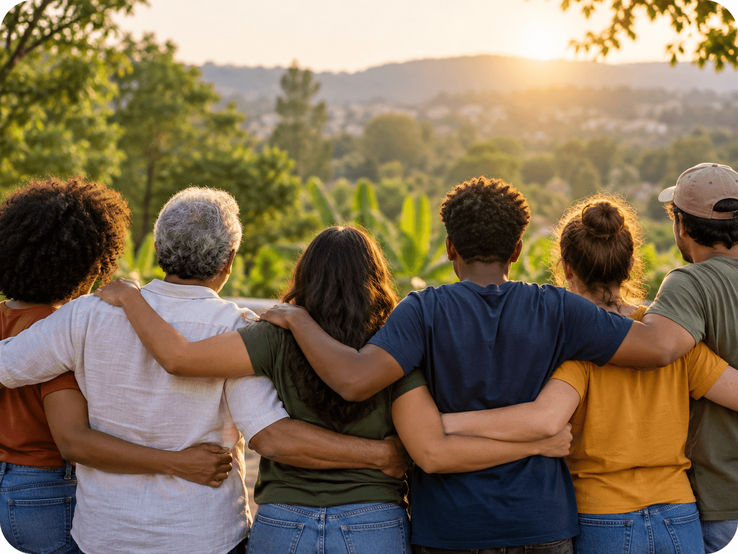 Pessoas abraçadas, lado a lado, contemplando uma paisagem ao pôr do sol
