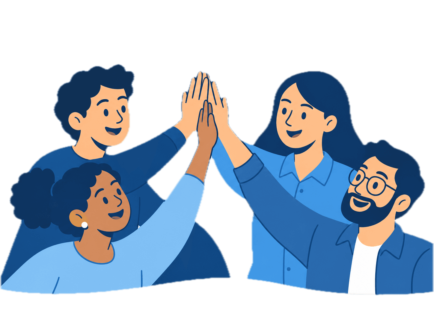 Grupo celebrando uma conquista com as mãos unidas no alto
