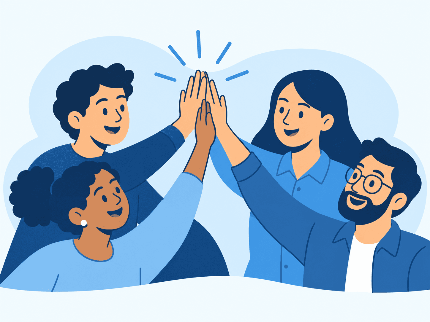 Grupo celebrando uma conquista com as mãos unidas no alto